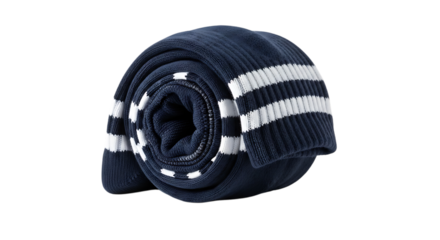 Navy blue blanket with white stripes rolled up isolated on transparent background, perfect for adding a touch of comfort and style to your home decor, especially during the colder seasons