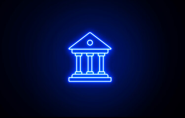 Neon blue color Finance bank building icon on black background. Glowing Banking and finance line icon. Bank with Dollar sign. Black background. Neon glowing Finance bank background.	