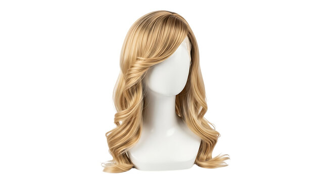 Blonde wavy wig on a mannequin head isolated on transparent background, showcasing a stylish and fashionable hairstyle for women, perfect for cosplay, parties, or everyday wear