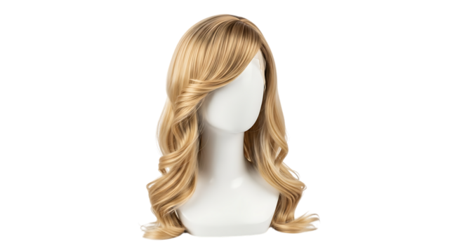 Blonde wavy wig on a mannequin head isolated on transparent background, showcasing a stylish and fashionable hairstyle for women, perfect for cosplay, parties, or everyday wear