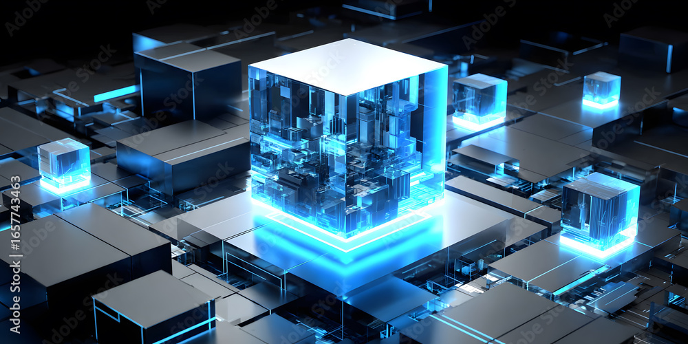 Poster a glowing blue cube with intricate internal structures, surrounded by smaller cubes on a futuristic 