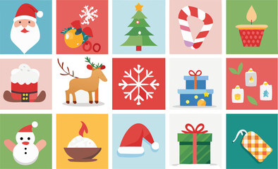 Festive Christmas Icons Set in Flat Design Style for Holiday Season