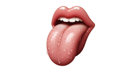 Closeup of an open mouth with a long tongue sticking out, isolated on transparent background, showing healthy teeth and wet saliva for a medical or beauty concept