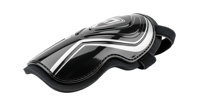 Close up of a black and white shin pad isolated on transparent background, designed for protection during sports like soccer or football, ensuring safety for the players leg