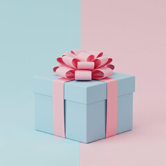 Obraz premium A light blue gift box with a pink ribbon and bow sits on a pastel blue and pink background, perfect for baby shower or gender reveal celebrations.