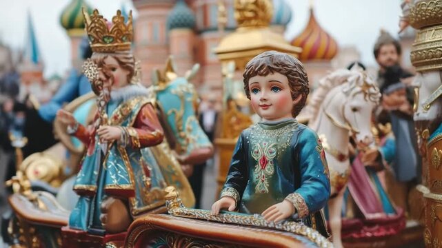 Figurines of tsarevich dmitry and tsarevna anastasia on a chariot during a religious procession in red square, moscow