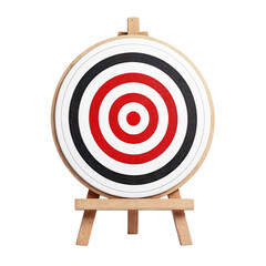 A classic circular archery target with red and black rings on a wooden easel isolated on transparent background