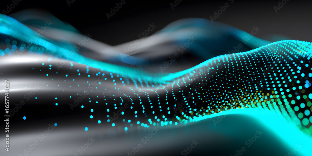 Poster dynamic flow of blue and white particles in a wavy pattern