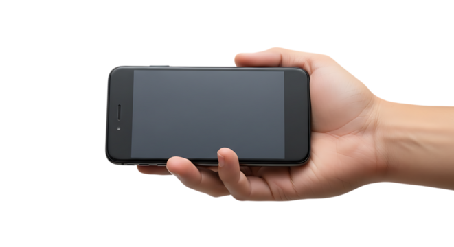 Hand holding a modern smartphone with blank screen isolated on transparent background, showcasing digital technology, communication, and connectivity in a portable and userfriendly design