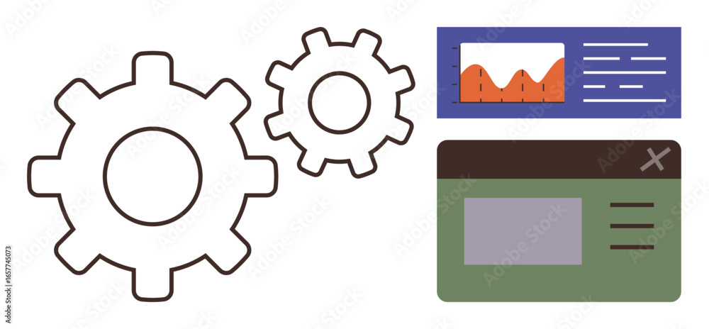 Poster gears representing mechanics beside a data chart and dashboard interface signifying productivity, an