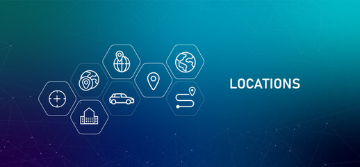 Our Locations header image outline icons related to geography navigation and travel to show office addresses store locations or global presence