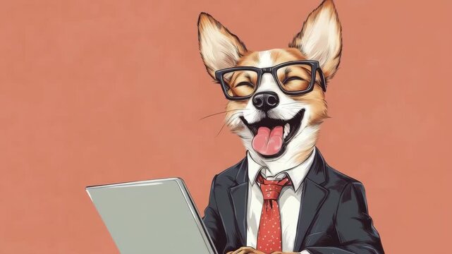 Corgi businessman working on a laptop with a coral background