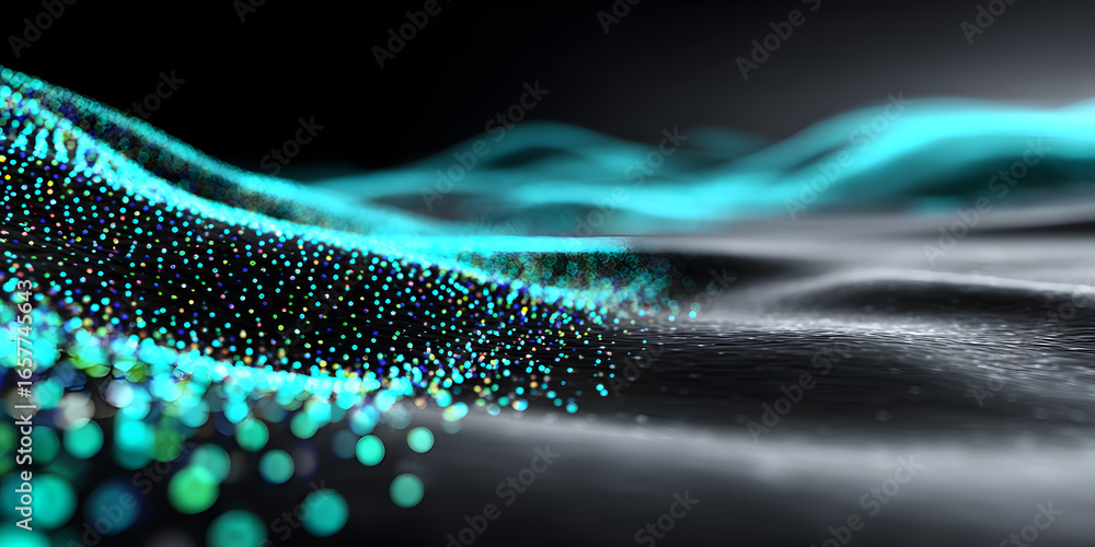 Poster dynamic teal particle waves on a dark background