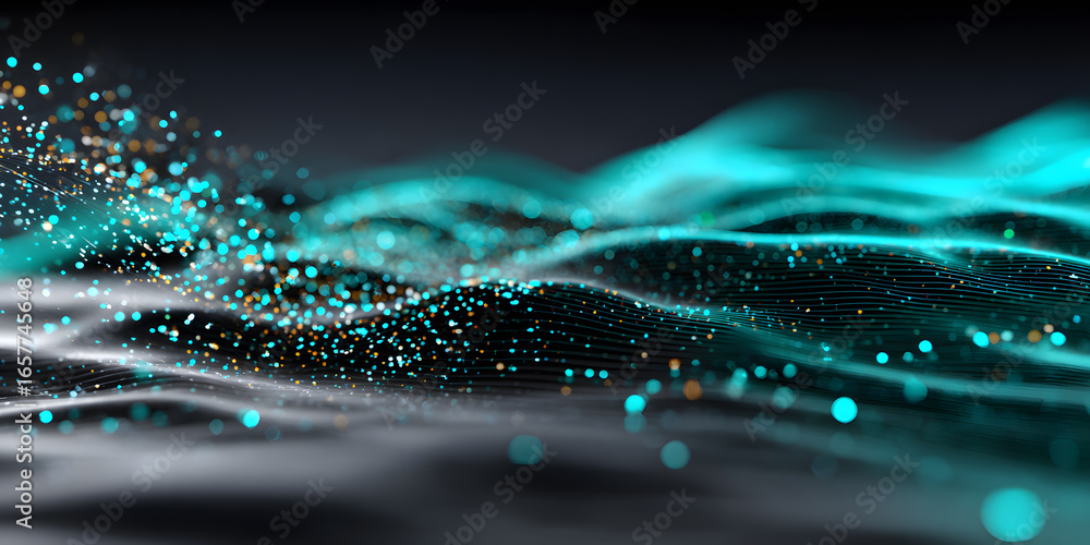 Poster dynamic digital wave with glowing particles and fluid motion