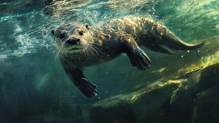 Underwater otter swimming towards the camera.