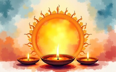 Vibrant watercolor illustration of chhath puja offerings with a setting sun and traditional greetings celebrating the festival of the sun. High quality