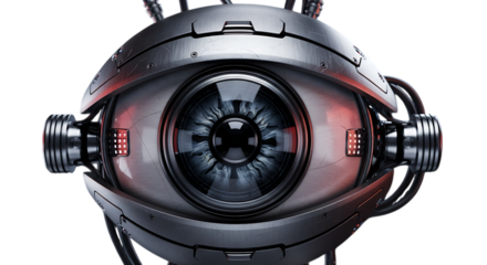 Futuristic robot eye isolated on transparent background, a symbol of artificial intelligence, technology, and cybernetics, representing the future of automation and digital surveillance