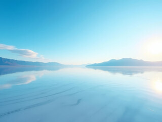 Paysage de lac calme avec montagnes et ciel bleu lumineux pour détente, méditation et évasion naturelle