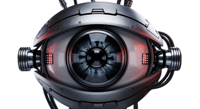 Futuristic robot eye isolated on transparent background, a symbol of artificial intelligence, technology, and cybernetics, representing the future of automation and digital surveillance