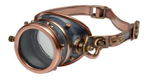 Intricate steampunk goggles crafted with aged copper and brass detailing for a unique, vintage industrial aesthetic isolated on white background 