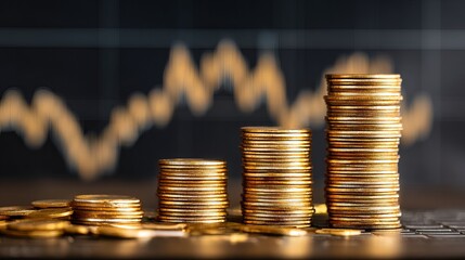Rising gold coins represent financial growth and investment success with stock market chart background