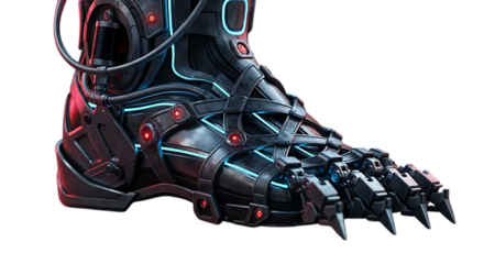 Futuristic cyberpunk robot foot with metallic armor and glowing lights, isolated on transparent background, showcasing advanced technology and mechanical design in a studio setting
