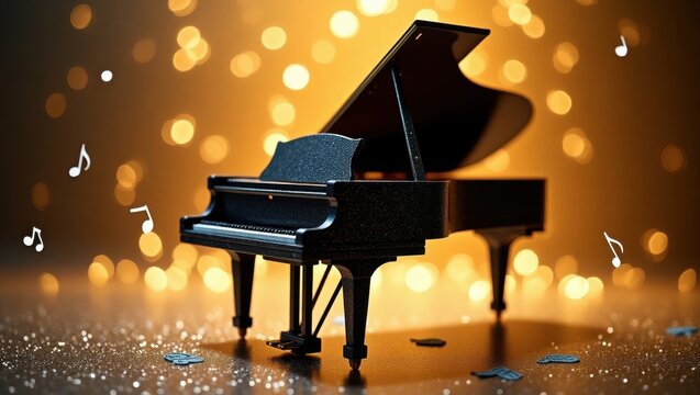 Elegant grand piano with bokeh lights and musical notes