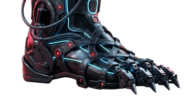 Futuristic cyberpunk robot foot with metallic armor and glowing lights, isolated on transparent background, showcasing advanced technology and mechanical design in a studio setting