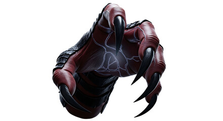 Closeup 3d render of a monster claw isolated on transparent background, featuring sharp nails, scaled skin, and a menacing grip for fantasy, horror, or game design