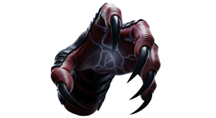 Closeup 3d render of a monster claw isolated on transparent background, featuring sharp nails, scaled skin, and a menacing grip for fantasy, horror, or game design