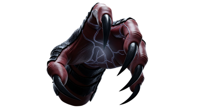 Closeup 3d render of a monster claw isolated on transparent background, featuring sharp nails, scaled skin, and a menacing grip for fantasy, horror, or game design