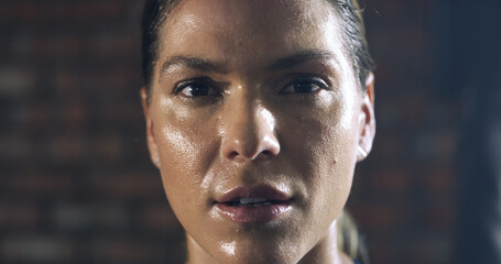 Woman, sweat and portrait with athlete for exercise, intense workout rest and wellness and...