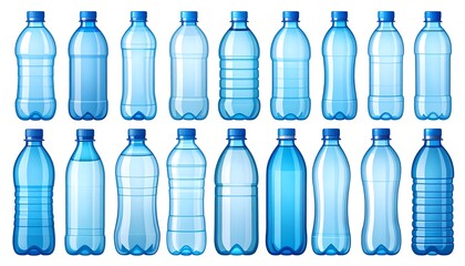 Variety of blue plastic water bottles.