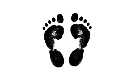 Black footprints on a transparent background, showing the impression of bare feet, isolated on transparent background