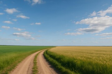 Fototapeta premium Dirt Road Curving Between Green and Golden Countryside Fields