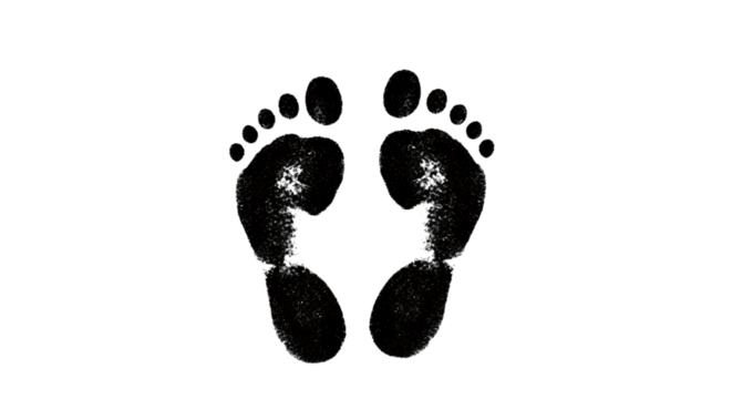 Black footprints on a transparent background, showing the impression of bare feet, isolated on transparent background