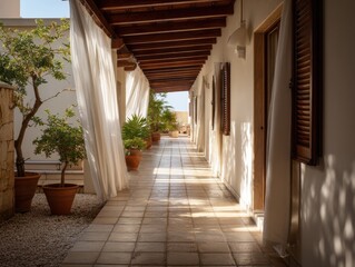 A long hallway with white curtains and potted plants. The curtains are open, letting in sunlight