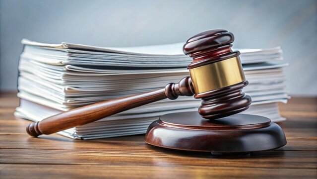 A polished wooden gavel rests atop a stack of legal documents, symbolizing authority in a courtroom setting. Wooden gavel on a wooden background