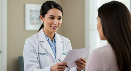 Fototapeta premium Smiling Female Doctor Holding Paper Consulting Patient.