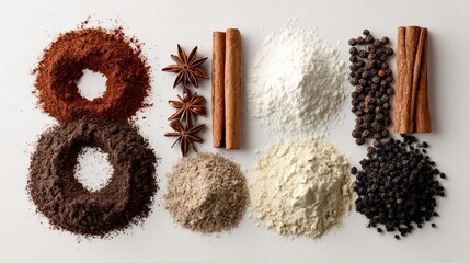 Assorted spices powder rings, star anise, cinnamon, peppercorns on white
