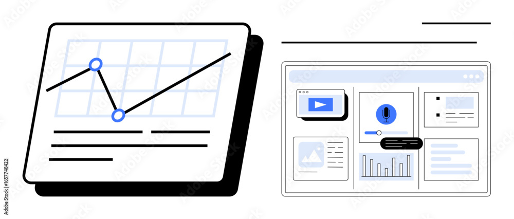 Aufkleber graph showing data trends with a rising line and a dashboard displaying statistics, videos, and char