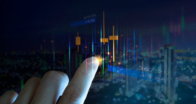 Futuristic digital stock market chart with finger touching holographic candlestick interface on city