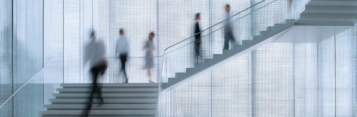 Abstract blurred motion of business people walking on a glass staircase in a modern office building, concept for human resources or a digital work environment.