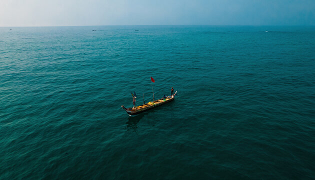 Aerial view of a fishing boat with a red flag slicing through the deep turquoise sea, its wooden frame a stark contrast to the vast oceanic expanse, Location Omitted.