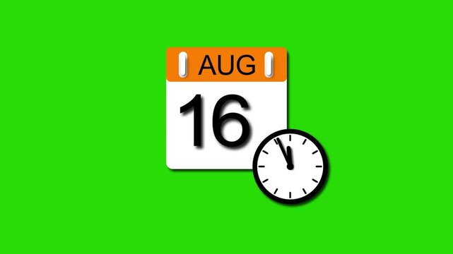 August 16 date calendar icon animation . calendar animation clean and green background. and stunning 4k animation.	

