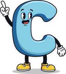 Cartoon letter c character with eyes mouth and shoes pointing upward on a white background