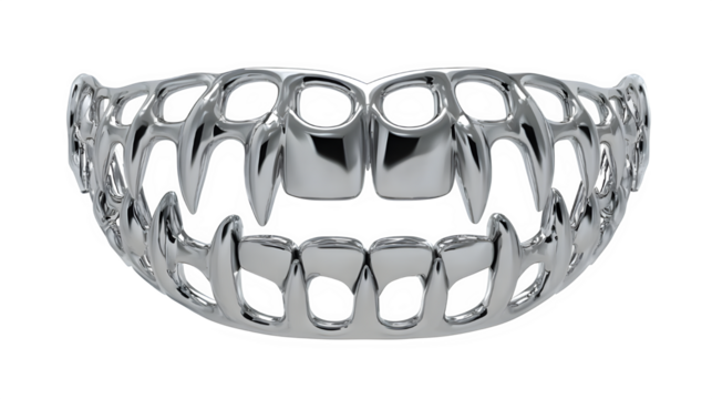 Bold silver vampire fangs grillz add edgy style to any look or fashion design isolated on white background 