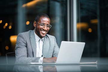A handsome man is sitting at a glass table, using a laptop and smiling as he looks at the screen. He is wearing glasses and a grey suit, with a window visible in the background.