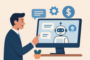Businessman interacts with chatbot on computer screen, symbolizing AI communication