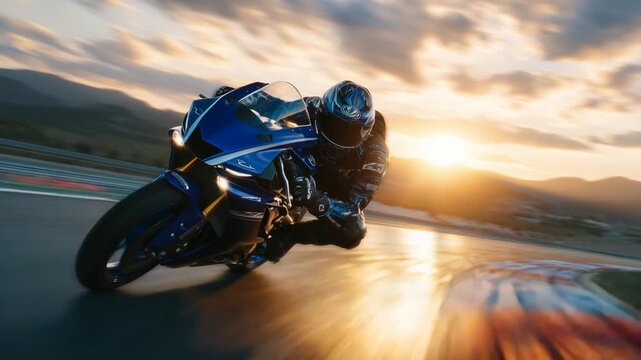 A 48Sport bike rider accelerates intensely on a race circuit at sunset, with the helmet visor reflecting the blazing sun and the fiery sky highlighting the bike's sleek design.